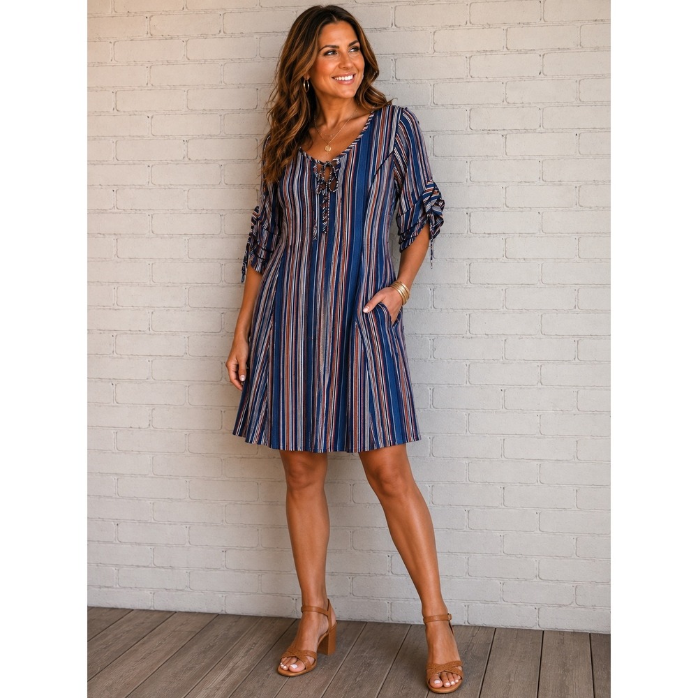 Sami & Jo Petite Blue Orange Striped Ruffle Sleeve Tie Neck Pocket Dress PM